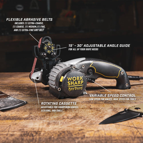 Work Sharp Knife and Tool Sharpener with ergonomic black and yellow handle, flexible abrasive belts, adjustable angle guide, rotating cassette, and variable speed control, ideal for Kitchen & Food, Food Prep, Knives, Sharpeners and Cutting Boards, and Best Sellers collections.