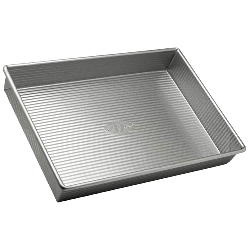 Silver rectangular baking pan with corrugated surface for even heat distribution, made in USA with Americoat nonstick coating, ideal for Kitchen & Food, Cookware, and Baking Supplies collections.