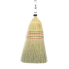 Handcrafted large corn broom with natural corn straw bristles bound by red and black stitching, Amish made in the USA, ideal for farm, garden, and household cleaning tasks.