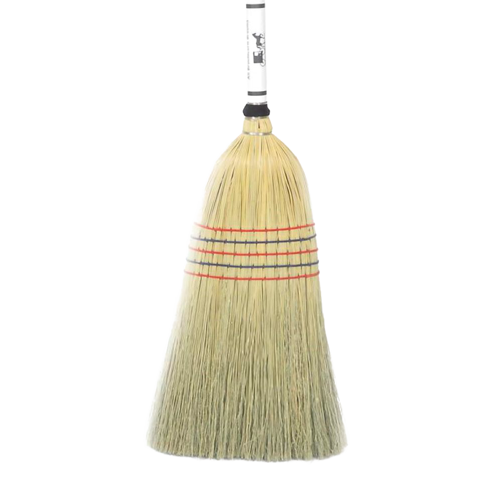 Handcrafted large corn broom with natural corn straw bristles bound by red and black stitching, Amish made in the USA, ideal for farm, garden, and household cleaning tasks.