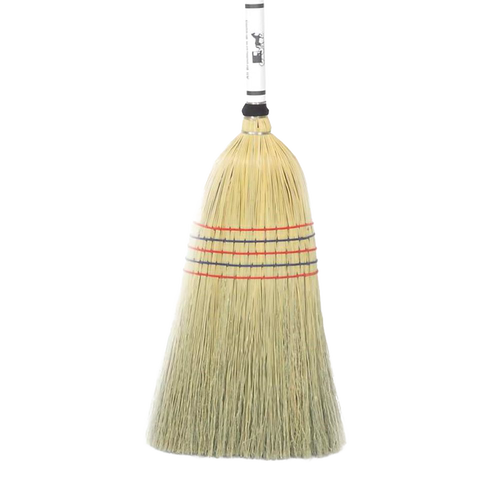 Handcrafted large corn broom with natural corn straw bristles bound by red and black stitching, Amish made in the USA, ideal for farm, garden, and household cleaning tasks.