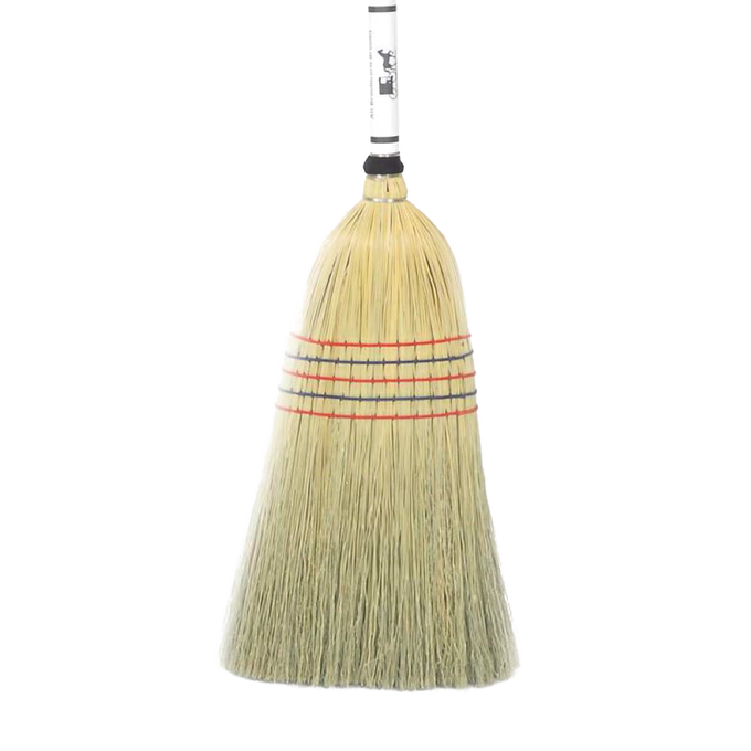 Handcrafted large corn broom with natural corn straw bristles bound by red and black stitching, Amish made in the USA, ideal for farm, garden, and household cleaning tasks.