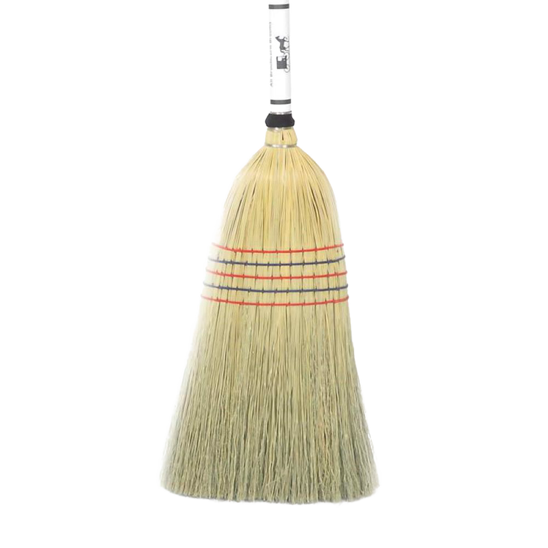Handcrafted large corn broom with natural corn straw bristles bound by red and black stitching, Amish made in the USA, ideal for farm, garden, and household cleaning tasks.