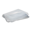 Aluminum half sheet pan with a clear plastic lid designed for even baking and easy transport, ideal for kitchen, baking supplies, and storage in USA-made cookware collections.