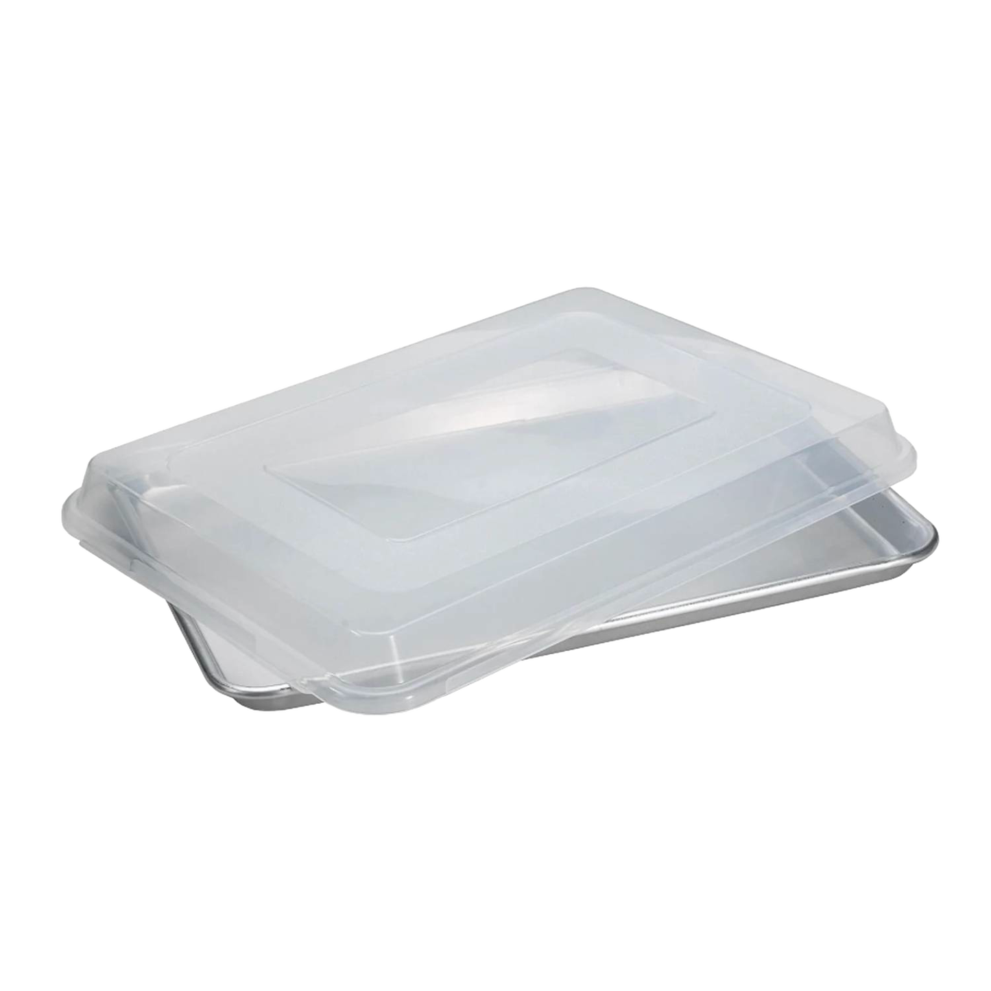 Aluminum half sheet pan with a clear plastic lid designed for even baking and easy transport, ideal for kitchen, baking supplies, and storage in USA-made cookware collections.