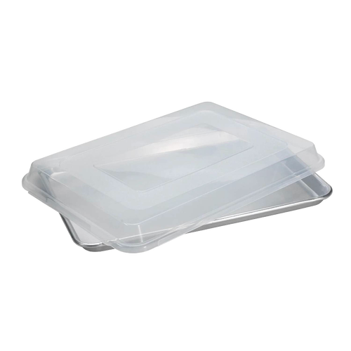 Aluminum half sheet pan with a clear plastic lid designed for even baking and easy transport, ideal for kitchen, baking supplies, and storage in USA-made cookware collections.
