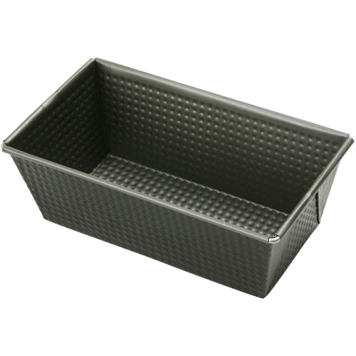 Non-stick heavy gauge steel loaf pan with corrugated sides and tapered square corners, designed for bread making and baking, featured in Kitchen & Food and Baking Supplies collections.