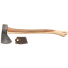 Handcrafted camping axe with a high carbon steel blade and smooth hickory handle, featuring a genuine leather sheath, made in USA and Amish made for farm, garden, and tool collections.