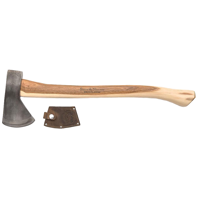 Handcrafted camping axe with a high carbon steel blade and smooth hickory handle, featuring a genuine leather sheath, made in USA and Amish made for farm, garden, and tool collections.