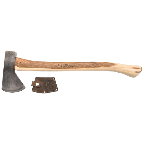 Handcrafted camping axe with a high carbon steel blade and smooth hickory handle, featuring a genuine leather sheath, made in USA and Amish made for farm, garden, and tool collections.