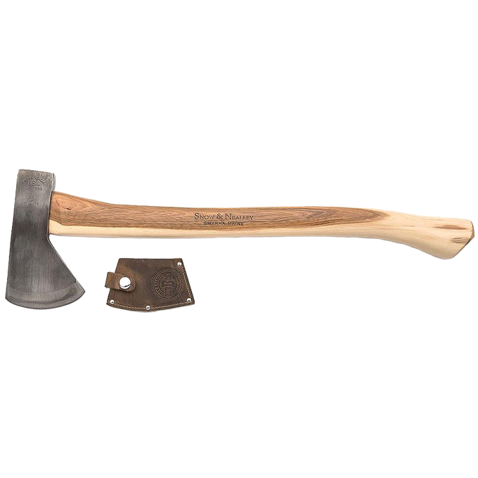 Handcrafted camping axe with a high carbon steel blade and smooth hickory handle, featuring a genuine leather sheath, made in USA and Amish made for farm, garden, and tool collections.