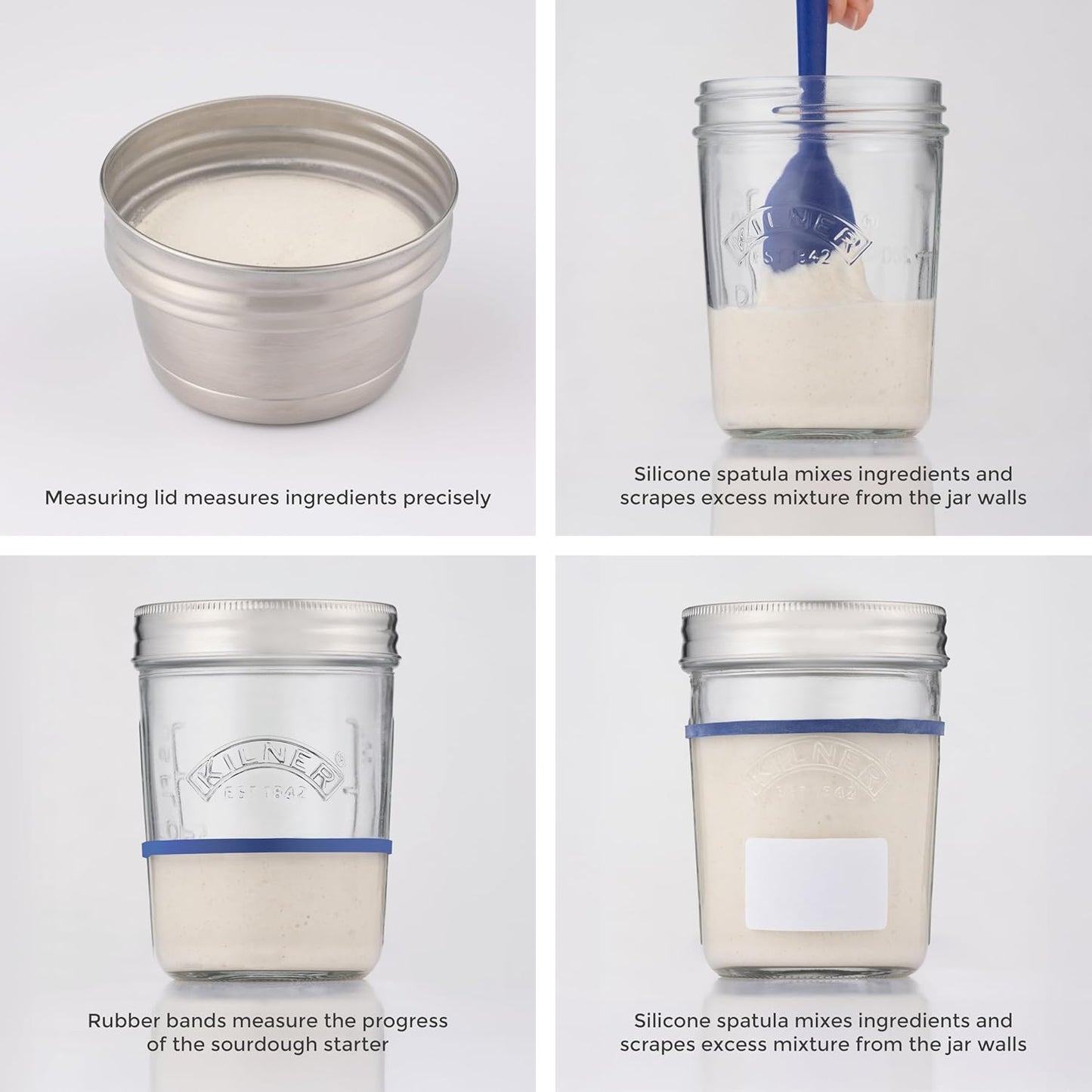 Handcrafted Kilner glass jars with blue silicone spatula and stainless steel measuring lid, featuring rubber bands for tracking starter progress in Kitchen & Food, Baking Supplies, and Storage collections.