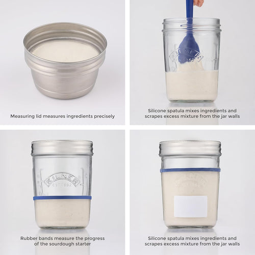 Handcrafted Kilner glass jars with blue silicone spatula and stainless steel measuring lid, featuring rubber bands for tracking starter progress in Kitchen & Food, Baking Supplies, and Storage collections.