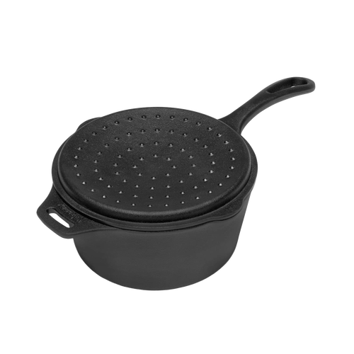 Black cast iron saucepan with a textured self-basting lid and long handle, designed for outdoor cooking and ideal for farm, garden, camping, cookware, and cast iron collections.