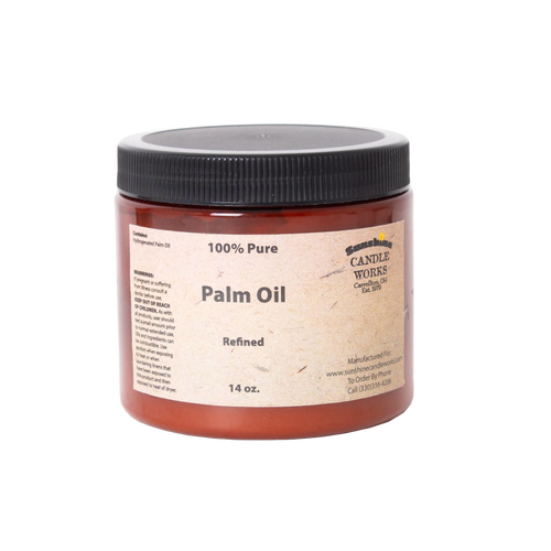 Container of refined pure palm oil in a 14-ounce jar, ideal for soapmaking, handcrafted and made in USA, featured in Health & Wellness, Soaps and Soapmaking, Soapmaking Supplies, and Best Sellers collections.