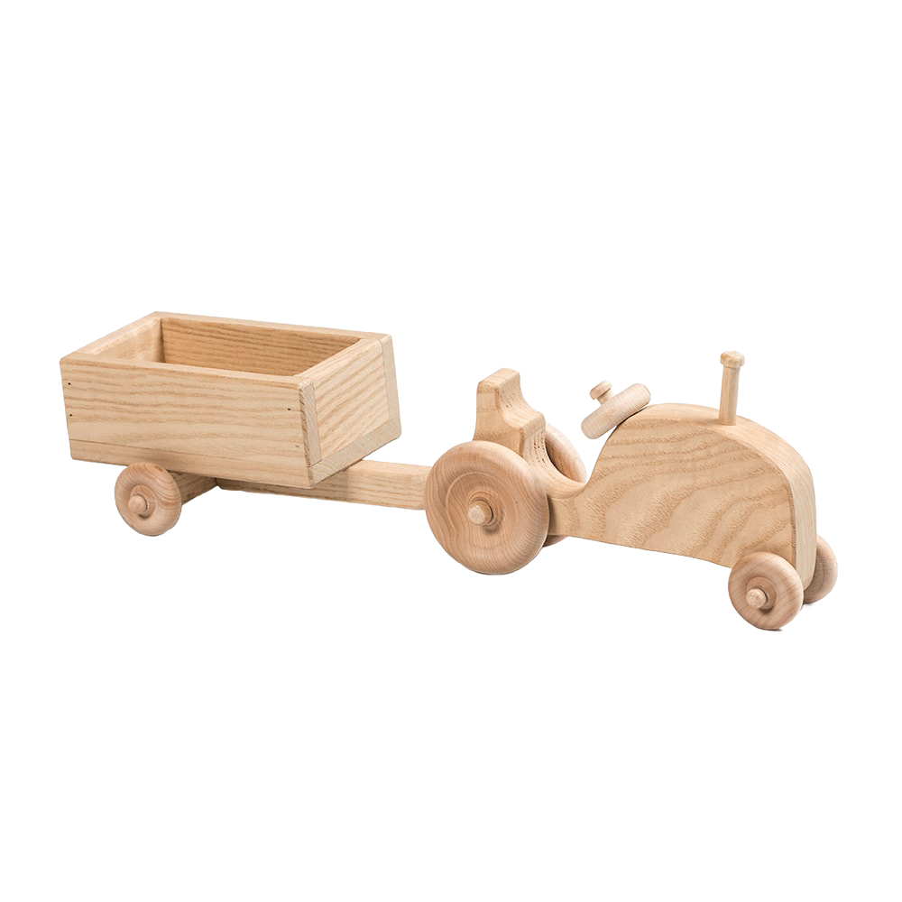 Handcrafted wooden toy tractor and detachable trailer, Amish made in USA, natural finish, ideal for indoor play, featured in Toys, Books & Games, Amish Made, and Wooden Toys collections.