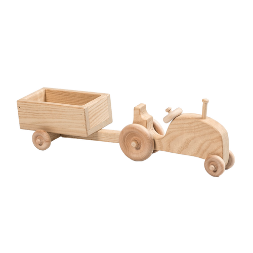 Handcrafted wooden toy tractor and detachable trailer, Amish made in USA, natural finish, ideal for indoor play, featured in Toys, Books & Games, Amish Made, and Wooden Toys collections.