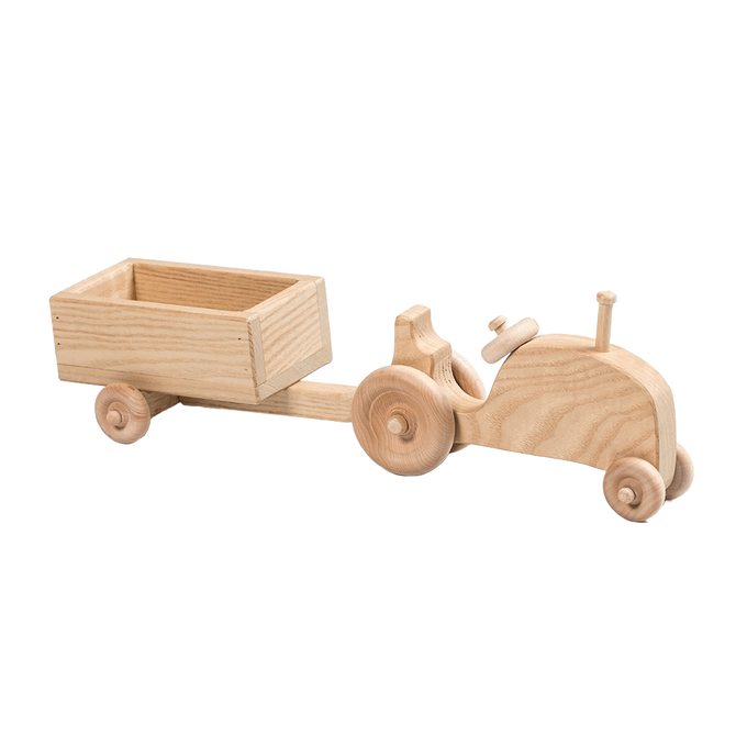 Handcrafted wooden toy tractor and detachable trailer, Amish made in USA, natural finish, ideal for indoor play, featured in Toys, Books & Games, Amish Made, and Wooden Toys collections.