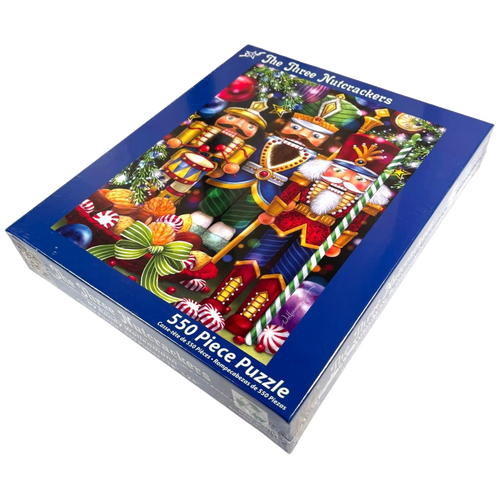 Box featuring a colorful 550-piece holiday puzzle with three detailed nutcracker figures surrounded by festive decorations, included in Toys, Books & Games and Best Sellers collections.