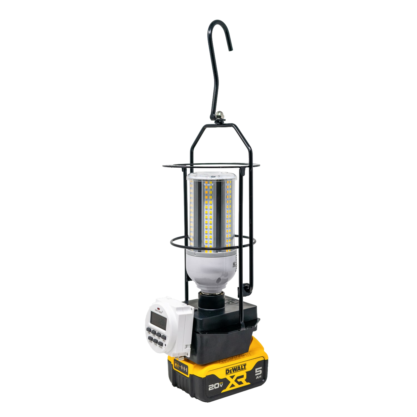 Compact hanging LED light with black frame and digital timer, powered by a yellow and black cordless battery pack, ideal for Lamps & Lighting, Battery, Solar, LED, Best Sellers, and Promo Eligible collections.