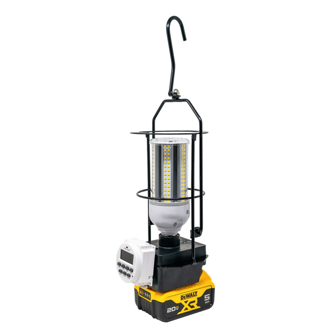 Compact hanging LED light with black frame and digital timer, powered by a yellow and black cordless battery pack, ideal for Lamps & Lighting, Battery, Solar, LED, Best Sellers, and Promo Eligible collections.