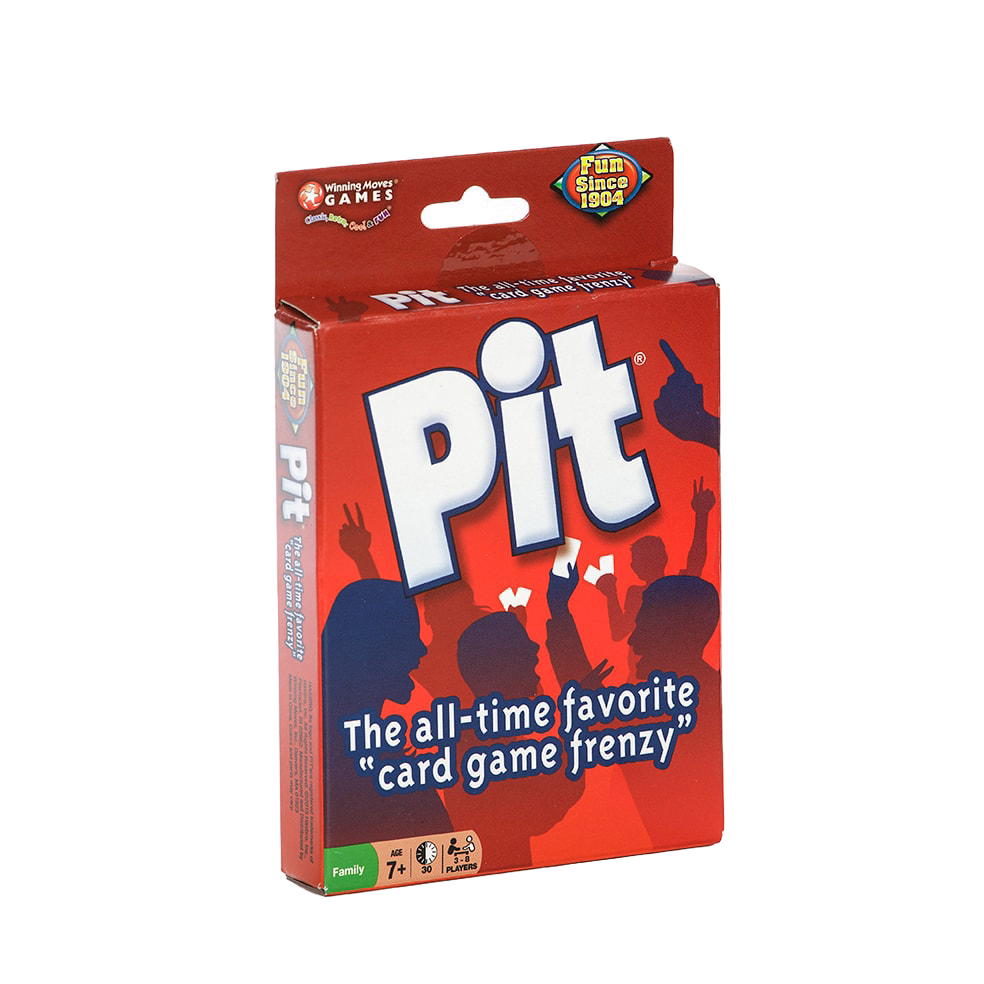 Bright red box of a fast-paced, lively card game featuring bold white "Pit" text and silhouette of cheering players, ideal for Toys, Books & Games and Best Sellers collections.