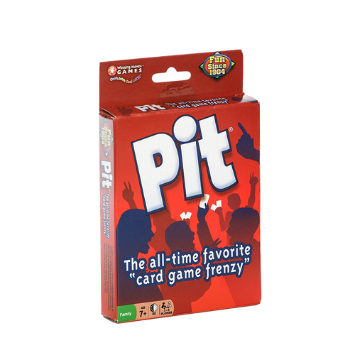 Bright red box of a fast-paced, lively card game featuring bold white "Pit" text and silhouette of cheering players, ideal for Toys, Books & Games and Best Sellers collections.