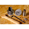 Handcrafted metal components and wooden tamper for a peanut butter accessory, designed for use with grain mills, featured in Kitchen & Food, Grain Mills, USA Made, and Best Sellers collections.
