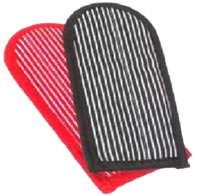Pair of striped hot handle pads in red and black with white lines, designed for a snug fit on cast iron cookware handles, protecting hands from heat up to 350°F, part of Kitchen & Food, Cookware, Cast Iron, Best Sellers, and Promo Eligible collections.