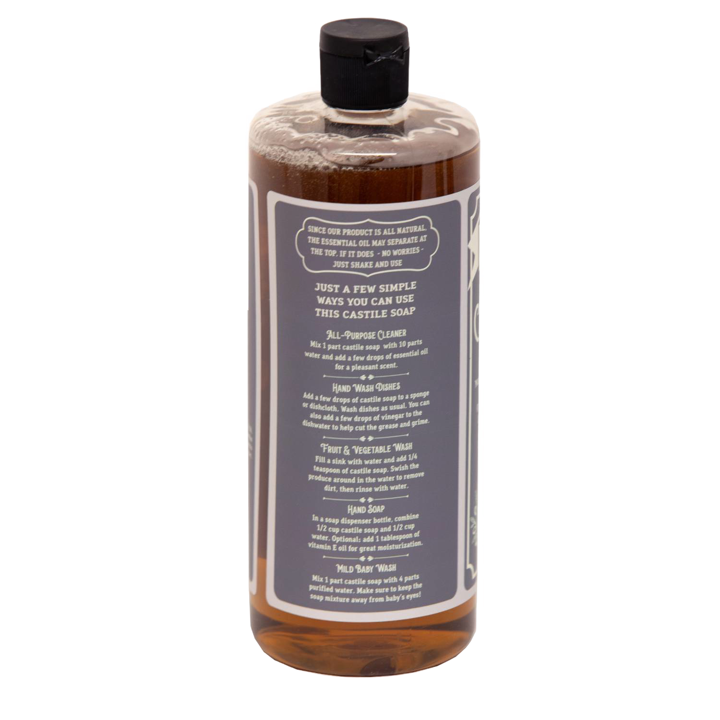 Clear amber bottle of handcrafted Lehman's concentrated castile liquid soap with usage instructions on label, highlighting natural, multi-use formula made in USA for Health & Wellness, Grooming, and Soaps collections.
