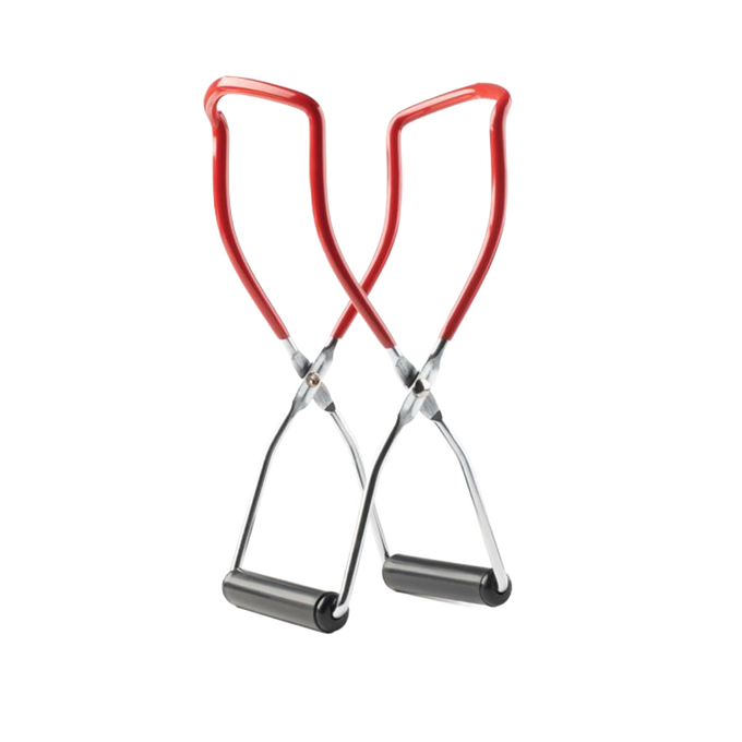 Pair of handcrafted canning jar lifters with red handles and black gripping ends, designed for safe food preservation in Kitchen & Food and Canning Accessories collections.