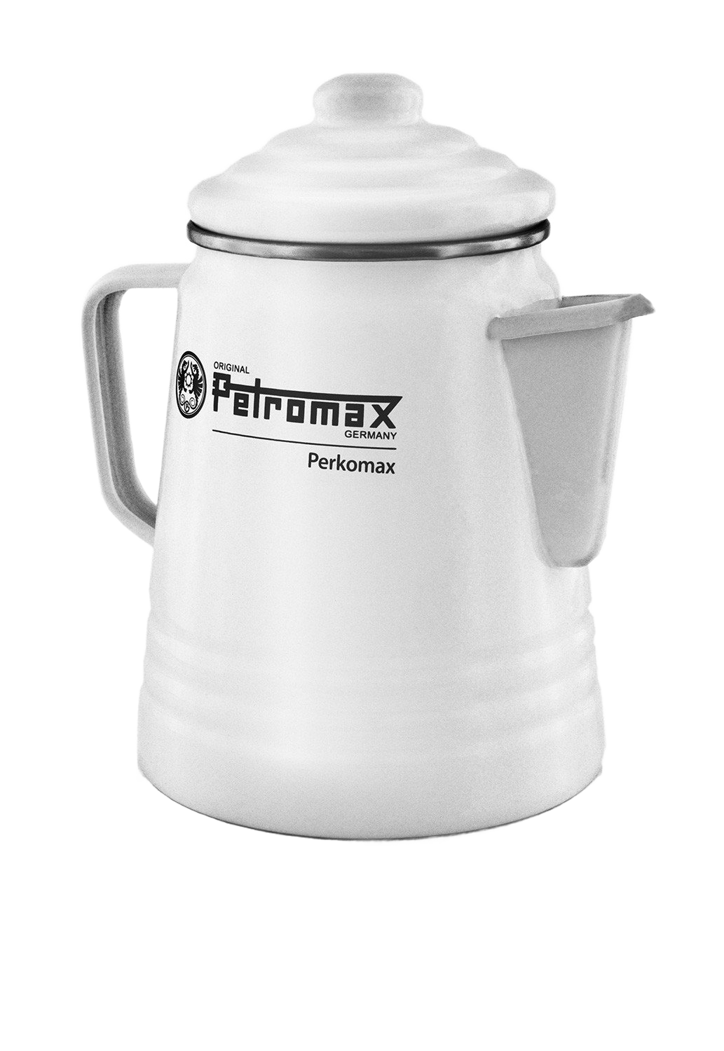 White enameled steel percolator with lid, spout, and handle, crafted for brewing coffee or tea, perfect for Farm, Garden & Tool, Camping, Kitchen & Food, Brewing Coffee and Tea, and Best Sellers collections.