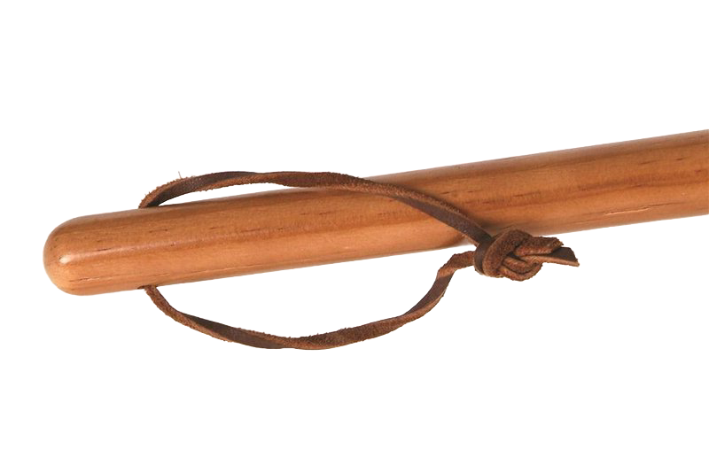 Close-up of a smooth wooden handle with attached leather strap, designed for safe campfire cooking, featured in Farm, Garden & Tool, Camping, Best Sellers, and Promo Eligible collections.