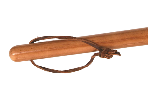 Close-up of a smooth wooden handle with attached leather strap, designed for safe campfire cooking, featured in Farm, Garden & Tool, Camping, Best Sellers, and Promo Eligible collections.