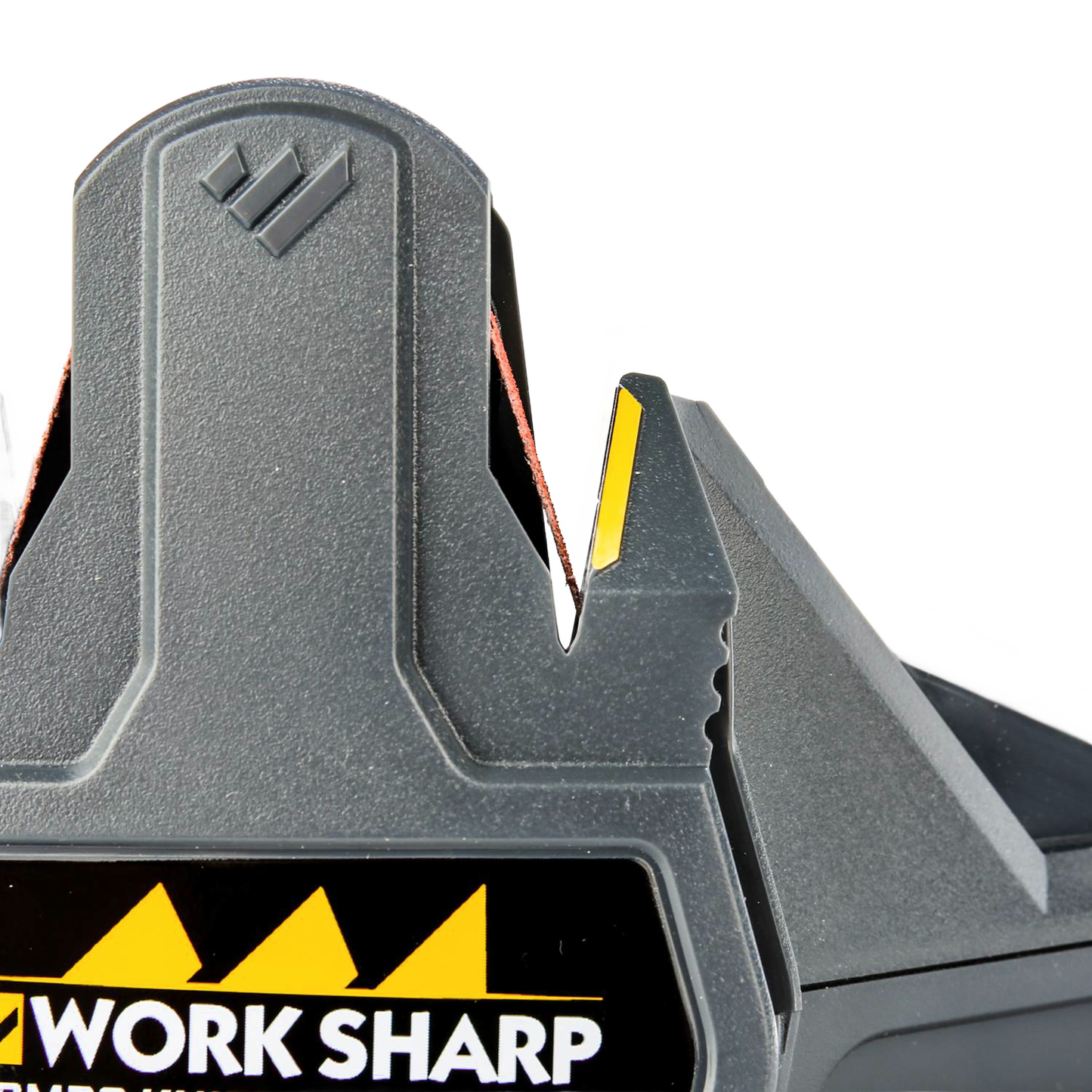 Close-up of a compact gray Work Sharp combo knife sharpener featuring powered abrasive belts and a manual ceramic honing rod, designed for quick sharpening in Farm, Kitchen, and Hand Tools collections.