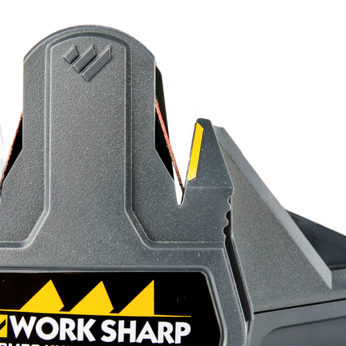 Close-up of a compact gray Work Sharp combo knife sharpener featuring powered abrasive belts and a manual ceramic honing rod, designed for quick sharpening in Farm, Kitchen, and Hand Tools collections.