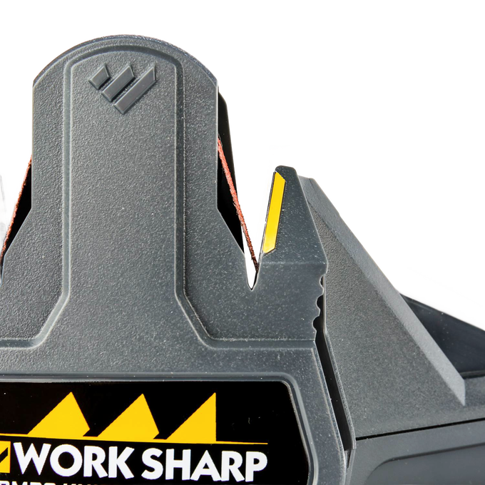 Close-up of a compact gray Work Sharp combo knife sharpener featuring powered abrasive belts and a manual ceramic honing rod, designed for quick sharpening in Farm, Kitchen, and Hand Tools collections.
