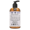 Back view of Beessential Natural Body Wash 8 oz amber pump bottle displaying detailed ingredients list, usage instructions, and certification icons; handcrafted USA made product included in Health & Wellness, Soaps, and Best Sellers collections.