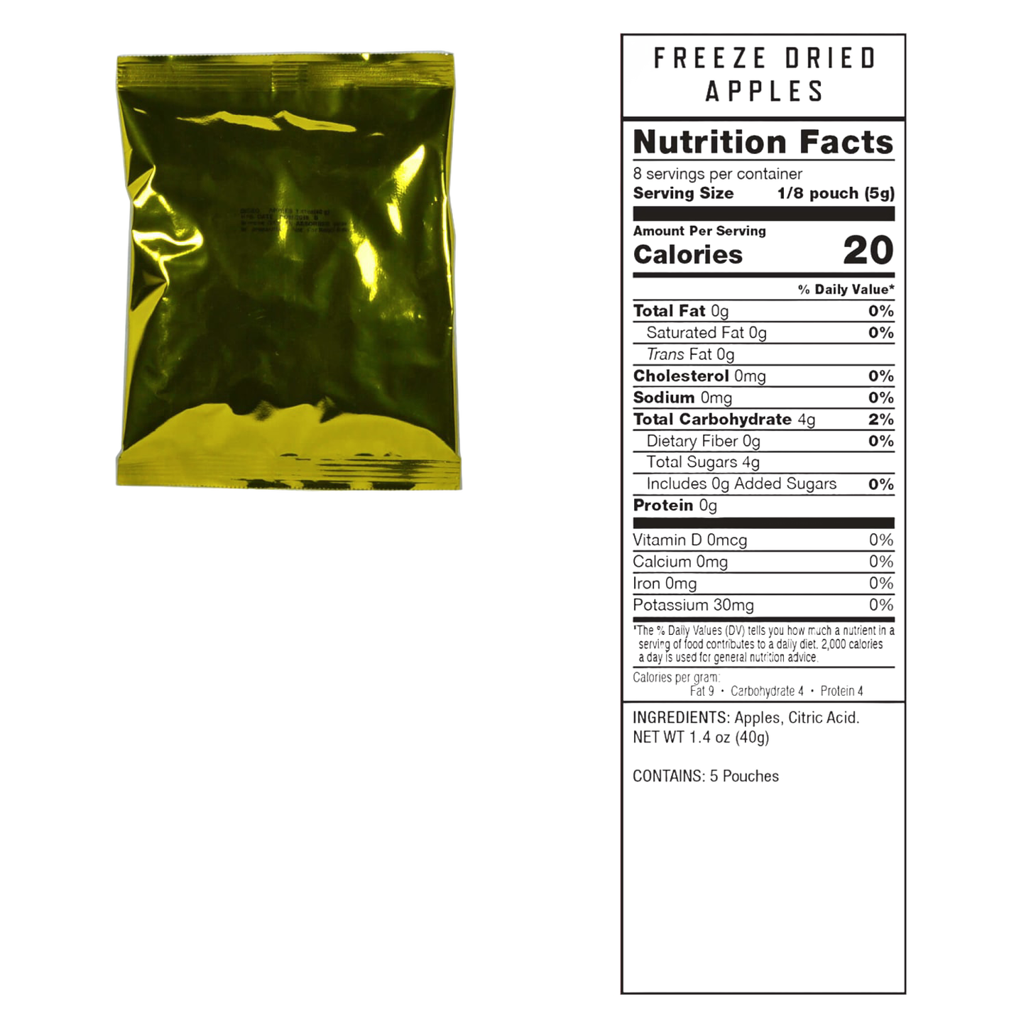 Gold metallic vacuum-sealed pouch containing freeze-dried apples with accompanying nutrition facts label, ideal for emergency supplies, pantry, and USA Made freeze dried food collections.