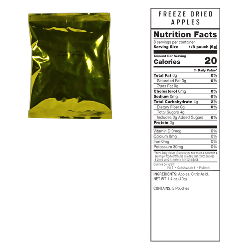 Gold metallic vacuum-sealed pouch containing freeze-dried apples with accompanying nutrition facts label, ideal for emergency supplies, pantry, and USA Made freeze dried food collections.