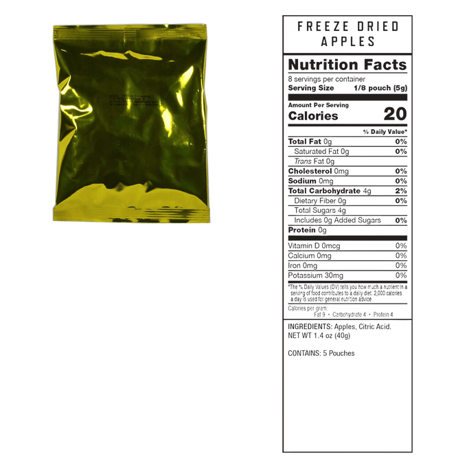 Gold metallic vacuum-sealed pouch containing freeze-dried apples with accompanying nutrition facts label, ideal for emergency supplies, pantry, and USA Made freeze dried food collections.