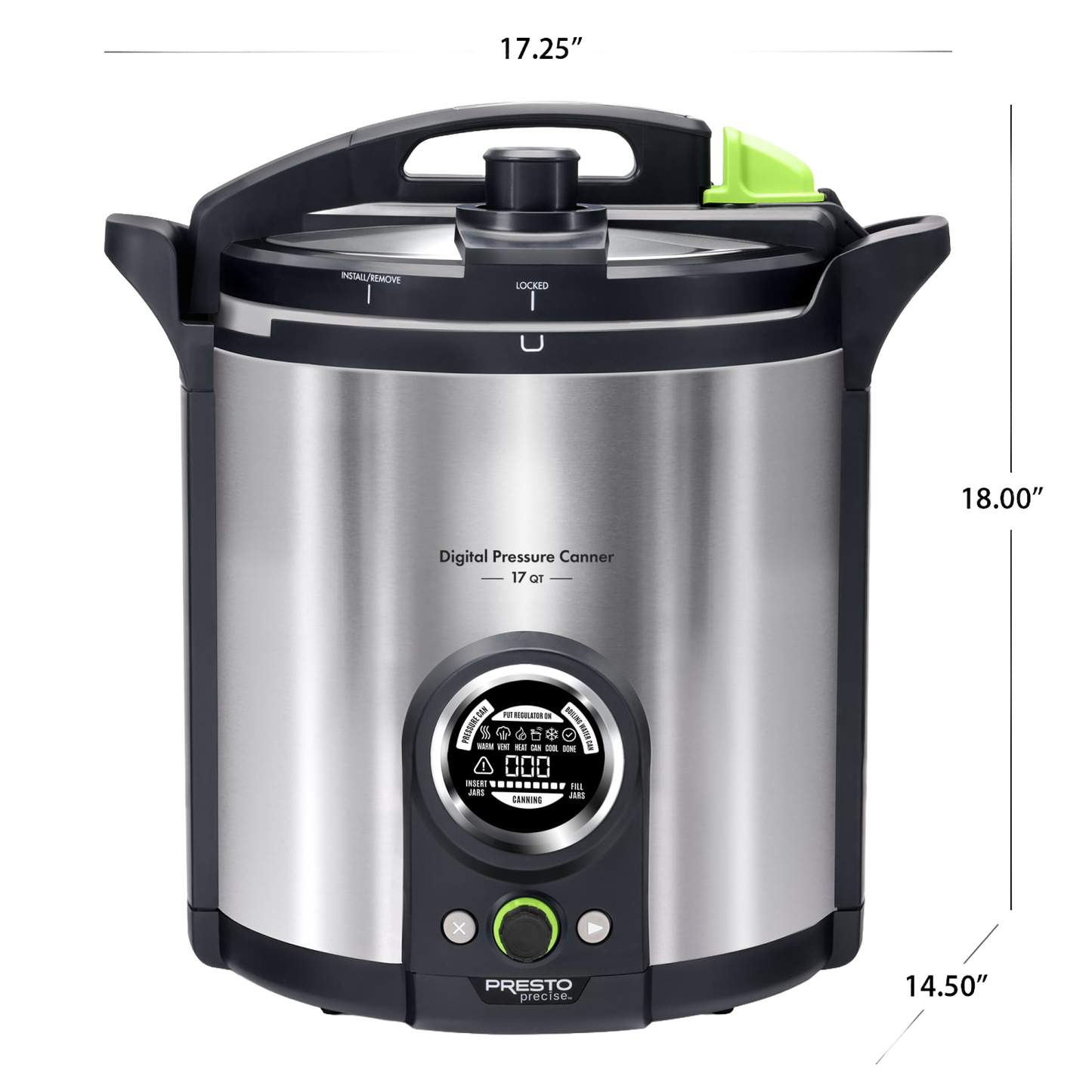 Stainless steel digital pressure canner with easy-to-use controls and precise temperature sensor for safe food preservation, featured in kitchen, canning, and food preservation collections.