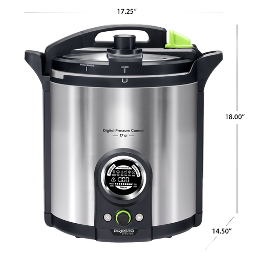 Stainless steel digital pressure canner with easy-to-use controls and precise temperature sensor for safe food preservation, featured in kitchen, canning, and food preservation collections.