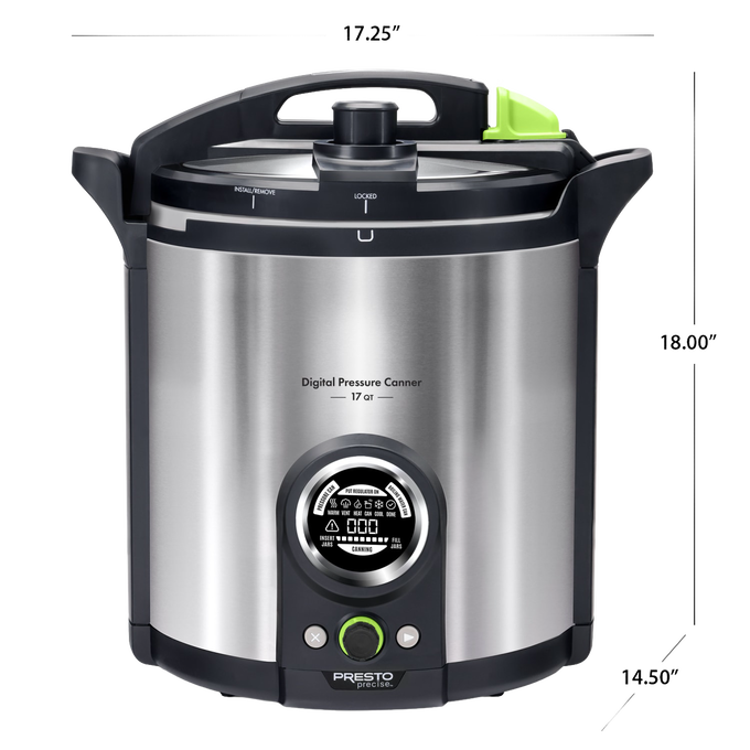Stainless steel digital pressure canner with easy-to-use controls and precise temperature sensor for safe food preservation, featured in kitchen, canning, and food preservation collections.