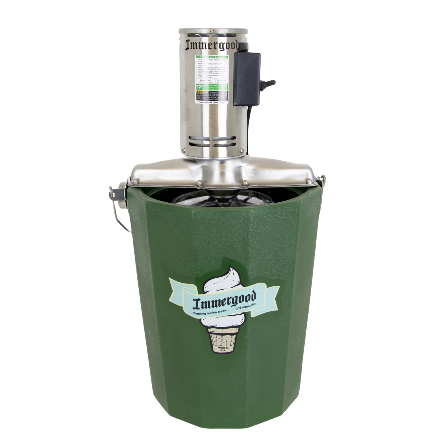 Green insulated fiberglass tub ice cream freezer with stainless steel electric motor, designed for easier homemade ice cream, ideal for Kitchen & Food, Specialty Equipment, Making Ice Cream collections.