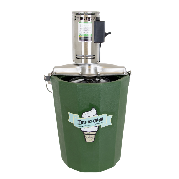 Green insulated fiberglass tub ice cream freezer with stainless steel electric motor, designed for easier homemade ice cream, ideal for Kitchen & Food, Specialty Equipment, Making Ice Cream collections.