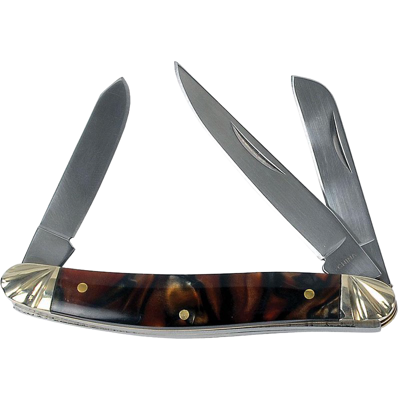 Traditional pocket knife with three stainless steel blades, smooth marbled acrylic handle, and polished brass terminals, featured in Farm, Garden & Tool and Camping collections.