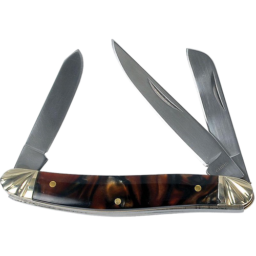 Traditional pocket knife with three stainless steel blades, smooth marbled acrylic handle, and polished brass terminals, featured in Farm, Garden & Tool and Camping collections.