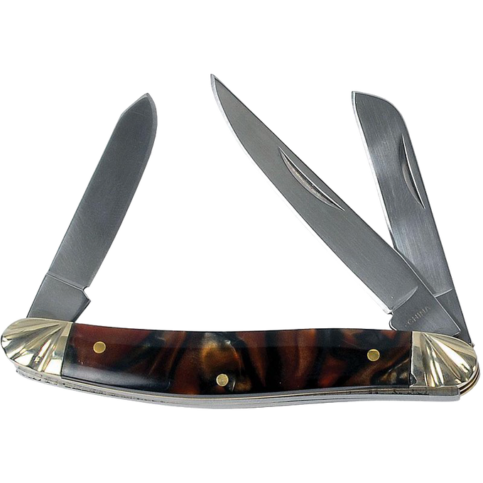 Traditional pocket knife with three stainless steel blades, smooth marbled acrylic handle, and polished brass terminals, featured in Farm, Garden & Tool and Camping collections.