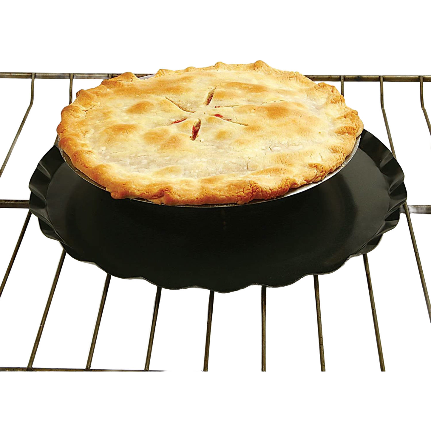 Black oven splatter guard with raised center lip and central hole for heat flow, placed on an oven rack beneath a golden-baked pie, suitable for Kitchen & Food and Kitchen Gadgets collections.